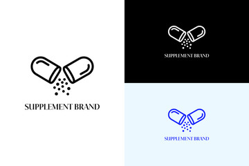vector illustration of capsule split in half with small dots, logo for herbal product, health, fitness, gym, protein, workout, vitamin, muscle gain, dietary supplement, supplement brand, and more