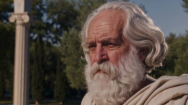 Ancient Greek philosopher Plato in classical robe and setting, symbolizing ancient wisdom, Western philosophy, intellect, and the roots of rational thought