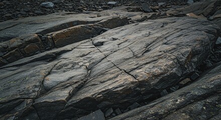 Dark, Weathered Coastal Rocks with Deep Fractures and Sediment