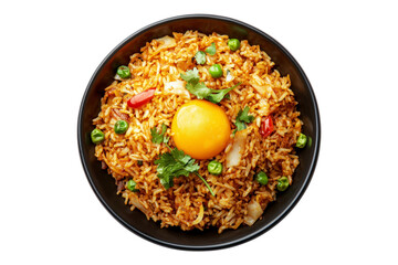 Spicy fried rice Nasi Goreng garnished with fresh green onions and topped with fried egg in bowl, isolated on white transparent backdrop