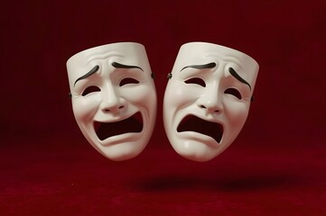 Two white theatrical masks,  sad expressions,  red background
