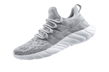 A shoe with a white sole and a grey top