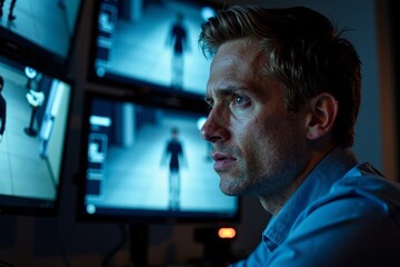 Fototapeta premium Intense Close-Up of Man's Face on Multiple CCTV Screens, Focused and Determined as He Monitors Real-Time Activities.