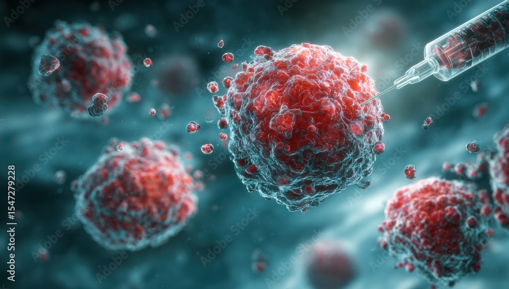 Poster microscopic view of a virus being injected with a vaccine in a medical research setting