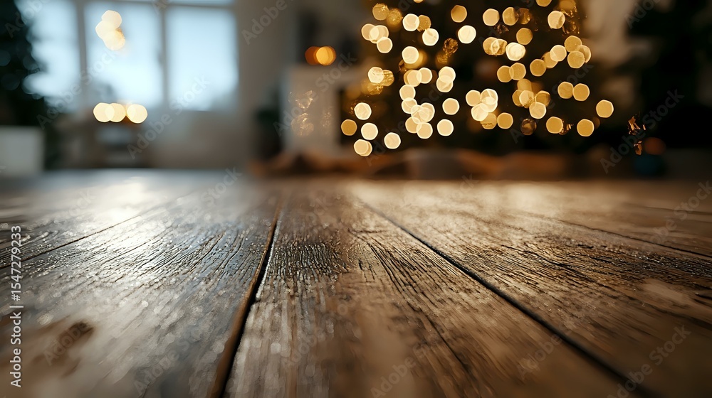 Poster rustic wooden table surface with blurred golden christmas lights bokeh in background creating warm f