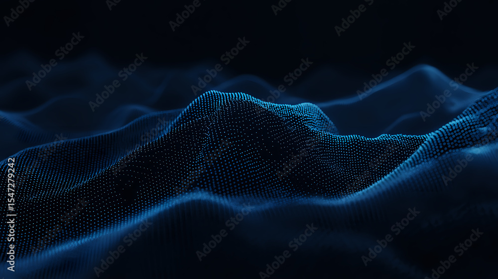 Poster glowing blue digital wave pattern on dark background with particle dots forming dynamic flowing terr