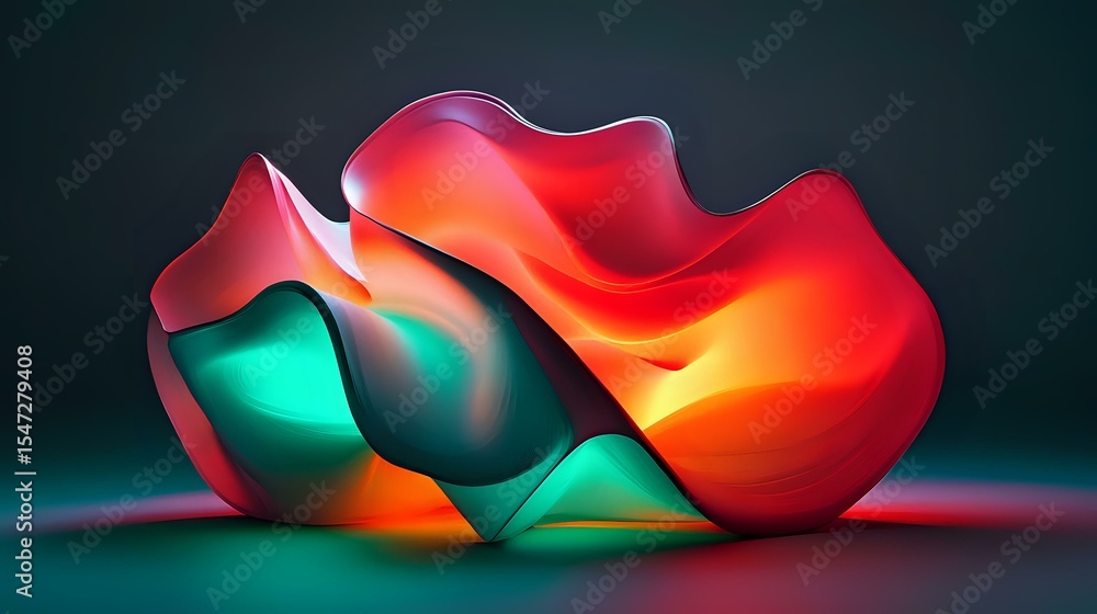 Poster abstract flowing shapes in vibrant red, orange and turquoise colors against dark background create d
