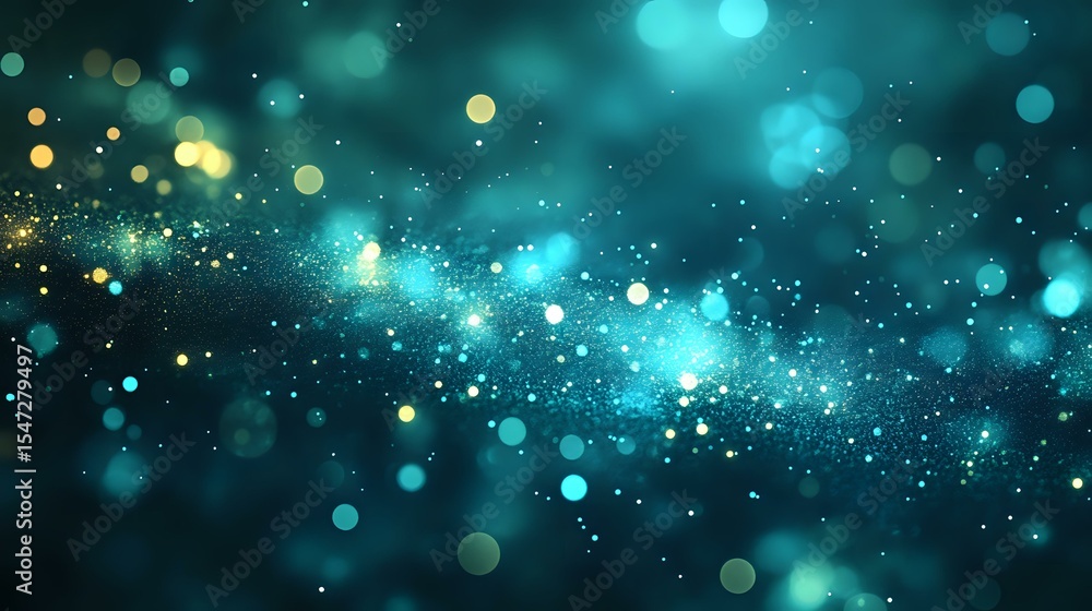 Poster magical turquoise and gold bokeh lights scattered across dark background create dreamy celestial atm