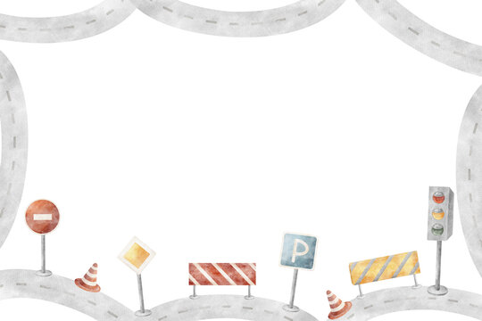 Watercolor frame road signs, traffic lights, road, pointers, warnings. Children's illustration car signal, template transparent for invitation design baby birthday, boy's holiday, driving lessons