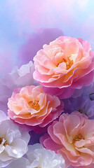Delicate pink and white roses bloom against dreamy purple background, petals unfurling in soft layers with golden centers creating romantic floral composition.