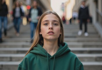 Fototapeta premium Teen in green hoodie at city steps, shaking head in disbelief