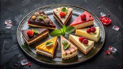 Assortment of gourmet mini cakes on dark plate: chocolate, berry, and citrus flavors