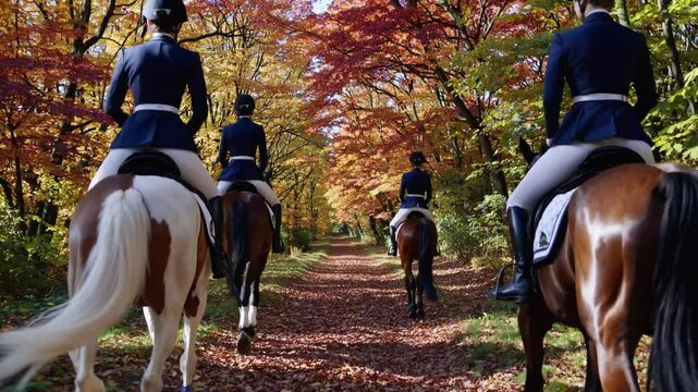 Group of people horseback riding through autumn forest trail, outdoor adventure, equestrian activity, fall foliage, nature travel, recreation, healthy lifestyle, leisure, scenic countryside, rural tou