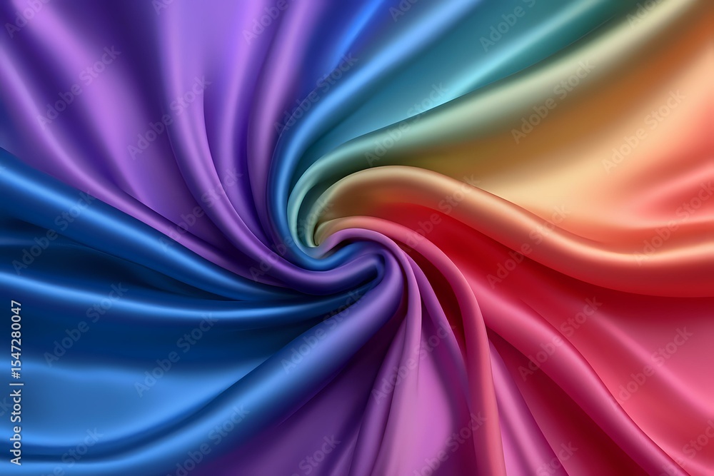 Poster vibrant spiral swirl of smooth satin fabric in rainbow colors creating dynamic motion effect, flowin