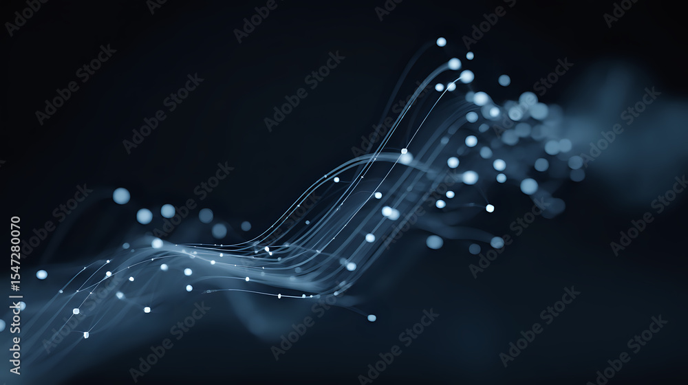 Aufkleber glowing blue dots connected by curved lines creating abstract wave pattern on dark background, repre
