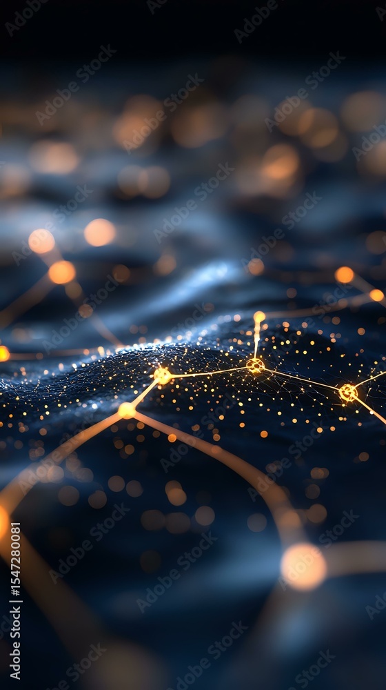 Poster abstract network visualization with glowing orange connection points and light trails on dark backgr
