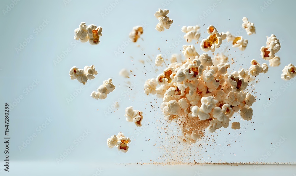 Poster flying popcorn kernels scattered in mid-air against light background, dynamic food levitation with m
