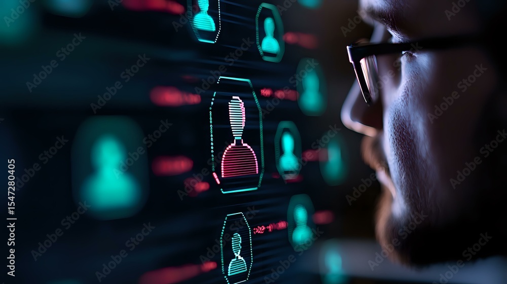 Poster professional in glasses examining digital interface with hourglass icons and user profiles on dark b