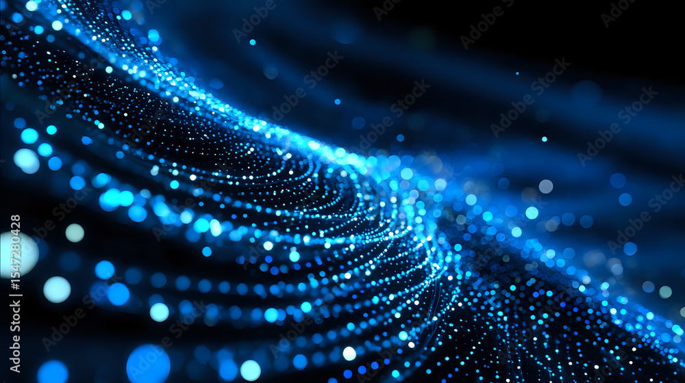 Poster glowing blue particles forming wave pattern against dark background with bokeh light effects and dyn