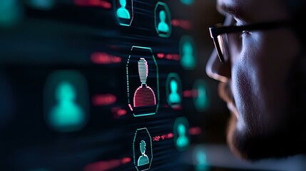 Professional in glasses examining digital interface with hourglass icons and user profiles on dark background with neon cyan and red glow, modern technology concept.