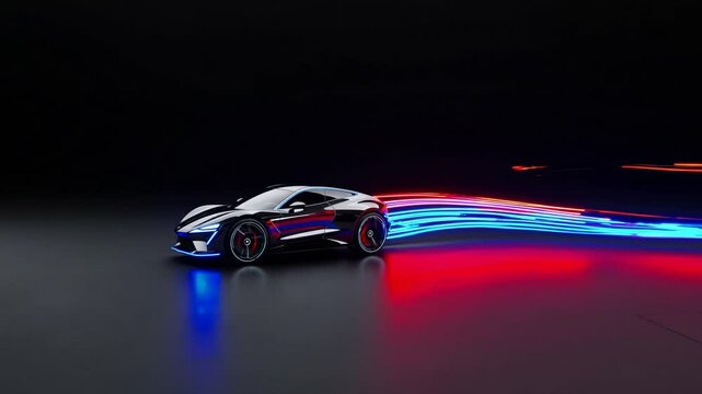Electric sports car with vibrant blue and red neon light trails on dark background, dynamic motion, advanced automotive technology, speed, energy, futuristic racing, luxury car design, innovation, per