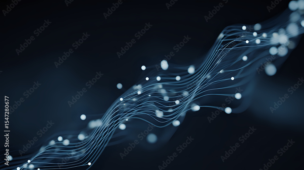 Poster flowing digital wave pattern with glowing nodes and connecting lines on dark blue background creates