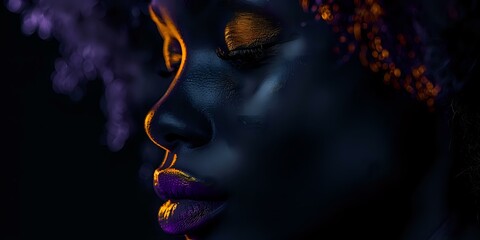 Side profile of African American woman with dark skin wearing vibrant purple and gold metallic lipstick against black background, dramatic artistic beauty portrait.