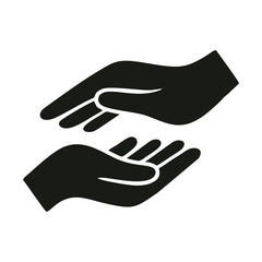 Helping Hands Logo &mdash; Minimalist Symbol of Support for Non-Profit Organization, A black vector logo featuring two hands reaching toward each other in a gesture of care and support. The curved palms and