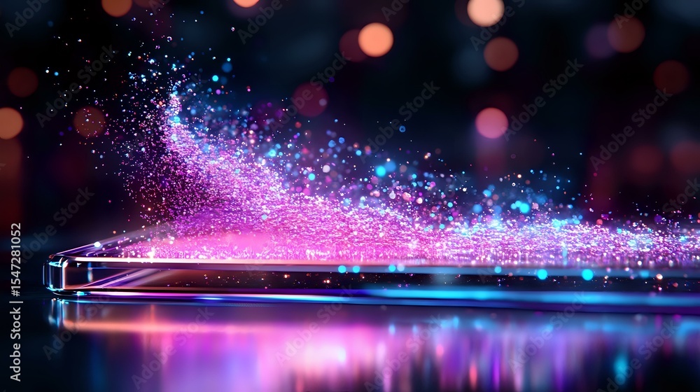 Aufkleber magical glowing particles trail in pink and blue neon colors against dark background with bokeh effe