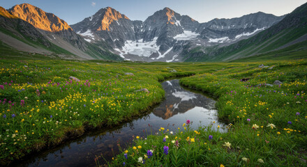 Mountain valley wildflowers sunrise