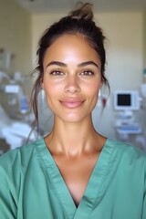 Fototapeta premium Young mixed race female medical professional in green scrubs smiling confidently at camera in hospital setting, natural makeup and hair in bun for healthcare marketing.