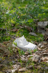 A crumpled white plastic cup lies discarded among green plants and leaves, highlighting pollution...