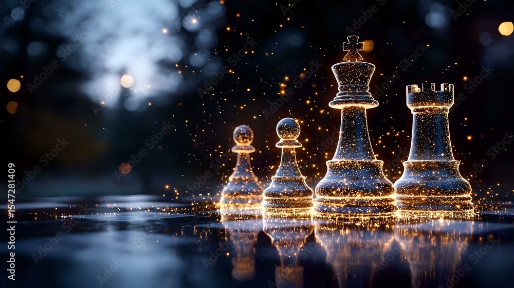 Poster glowing chess pieces with magical sparkles on reflective surface against dark background with bokeh 