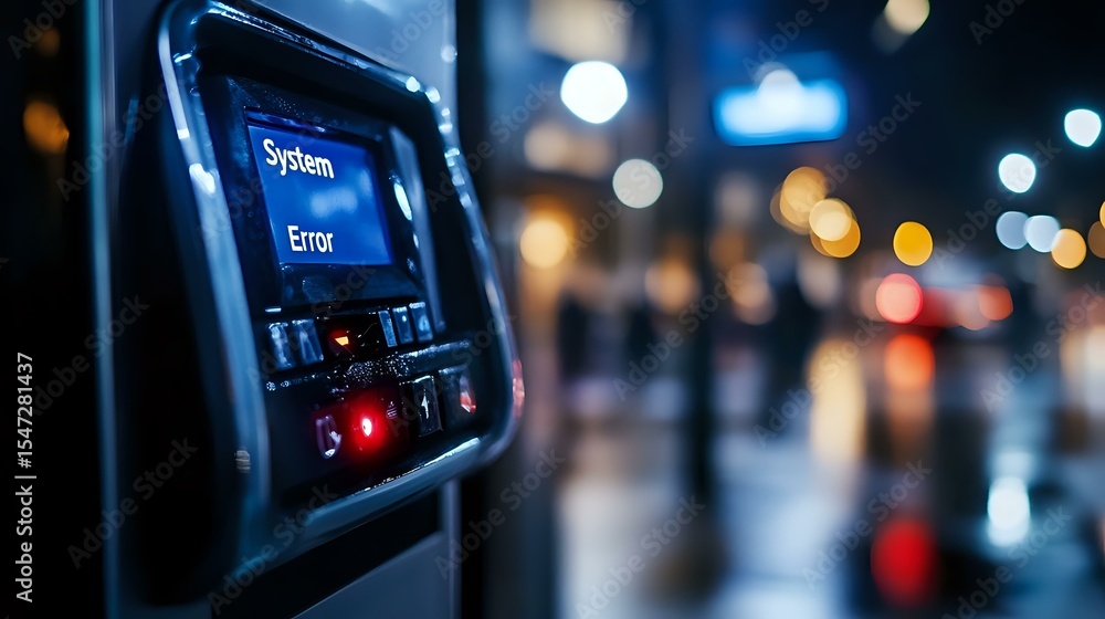 Poster digital display showing system error message on dark background with blurred city lights and reflect