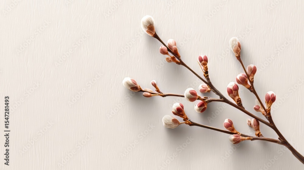Poster a minimalist and natural botanical composition is formed by delicate branches with small buds set ag