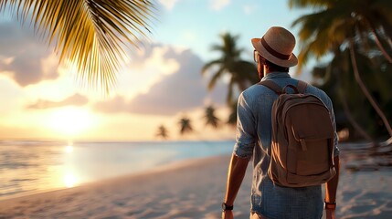 Young male traveler with backpack enjoying tropical beach sunset view, palm trees silhouettes against golden sky and calm ocean waters create peaceful vacation mood.
