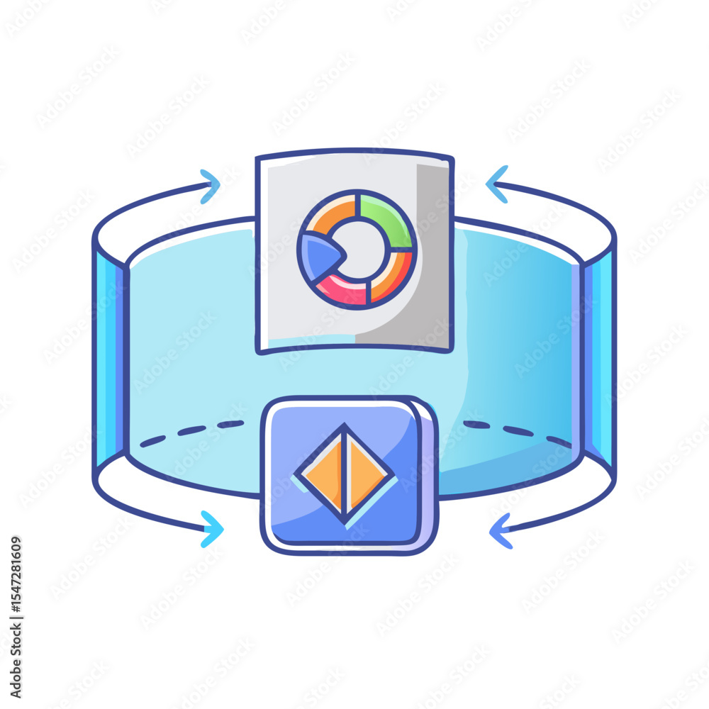 Poster isometric illustration of data analysis in a continuous, cyclical process environment