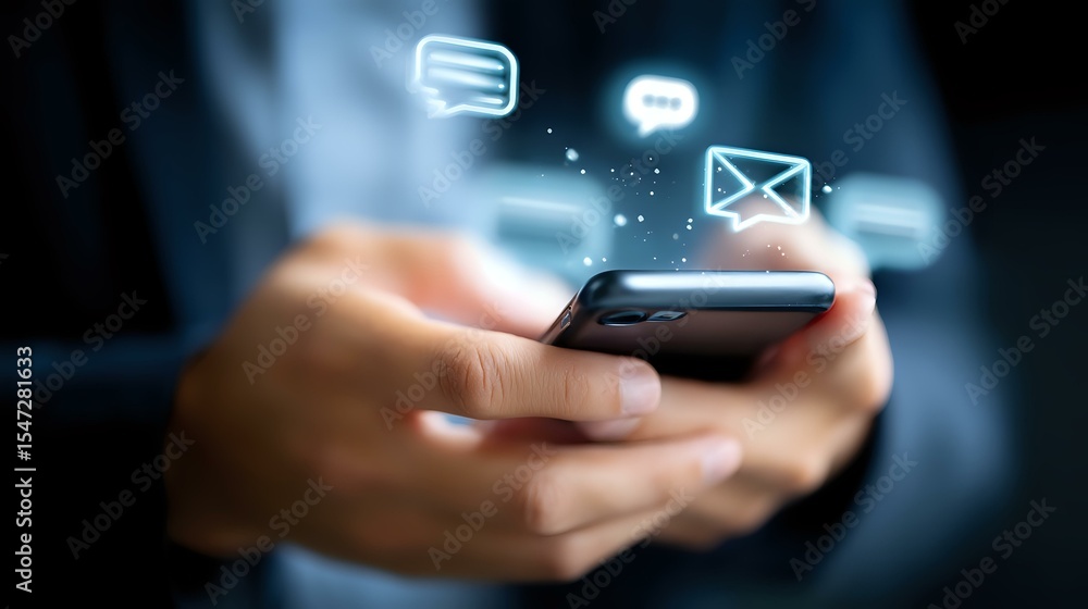 Poster hands holding smartphone with glowing message icons floating above screen, depicting digital communi