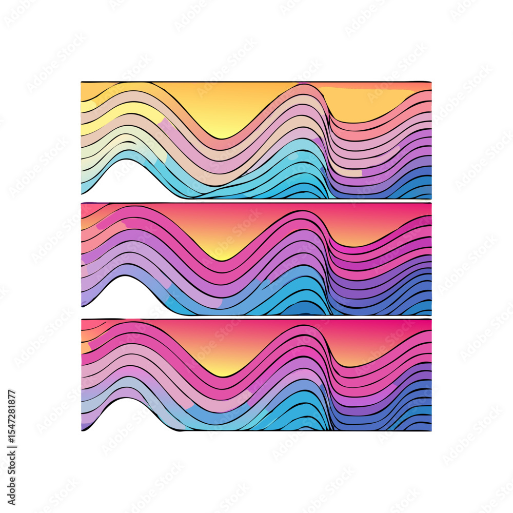Poster abstract wave pattern with gradient colors in three rows, creative illustration
