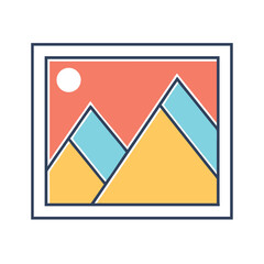 Abstract Landscape Painting in a Frame with Sun and Geometric Mountains