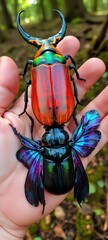 two magnificent male rhinoceros beetles with iridescent wings resting on a human palm