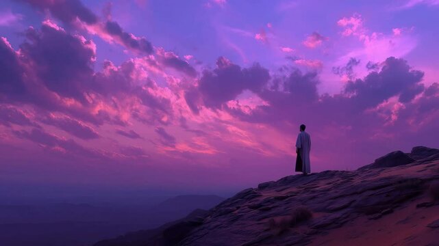 Photorealistic scene tracking a solitary figure on a rocky outcrop, bathed in vibrant purple hues at sunset, evoking a sense of hope and reflection. Inspired by Malachi&rsquo;s message of hope.