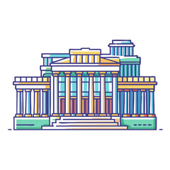 Stylized illustration of a classical building with prominent columns and colorful accents