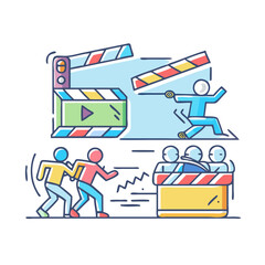 Cartoon illustration of movie industry elements in a playful and energetic style