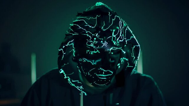 Mysterious hacker in digital neon hooded jacket, cybercrime, cybersecurity threat, internet hacker, data theft, identity concealment, technology crime, online security, computer hacker, dark web, dang