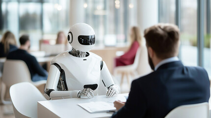 Humanoid AI robot at job inteview with businessman and human colleagues in modern office