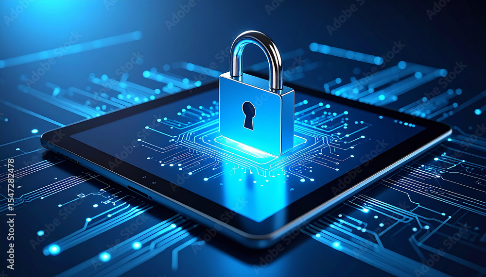 Poster digital fortress: the padlock on digital tablet in a sea of glowing circuit board lines, highlightin