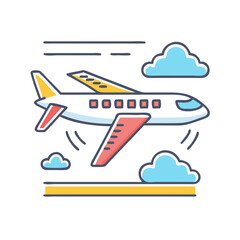 Cartoon Airplane flying through the sky with clouds over a golden horizon