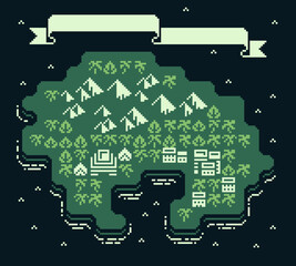 Top-down pixel art map fantasy island retro 8-bit style, pixelated towns, mountain range, forests, ancient temple, coastline, decorative banner space for title or UI, game background interfaces, map.