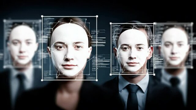 Facial recognition and biometric technology for business security digital interface, artificial intelligence, privacy, and data scan analysis modern systems highlighting security and privacy concerns